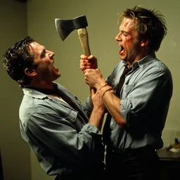 a still from american psycho ( 2 0 0 0 ) of patrick bateman killing paul allen with an axe, bloody