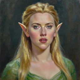 a movie still frame, of scarlett johansson as a female elf, oil on linen, beautiful painting, by tooth wu, artgerm, fantasy concept art portrait, by bayard wu,