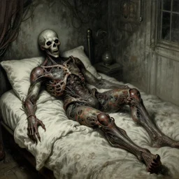 a scary presence is lying on my bed, it occupies the whole room and it is ruthless, it is made of unknown materials, insanely detailed, sci - fi, horror, in the style of james ballard, painted by william blake