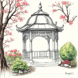beautiful aesthetic inspirational masterful professional ink pen and watercolor sketch of a fantasy gazebo, ultra detailed, fine details, trending on artstation, high quality paper