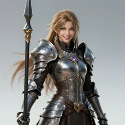fantasy portrait of a smiling female spearman in heavy armour inspired by final fantasy xiv and diablo, long hair, green eyes, earrings, highly detailed, trending on artstation, 4k, 8k, hdr, octane render, unreal engine,