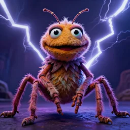 a high quality photo of a strange insectoid muppet god with furry fuzzy body and many segmented legs and hypnotic eyes, lightning in the background, absurdist fantasy, sharp focus, vibrant, vivid, symmetry, highly detailed, cinematic, intricate lines, concept art by giger, lisa frank, beksinski, emil melmoth