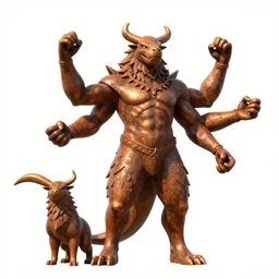 Rusty Bronze four armed statue like colossus, character design sheet, Monster Hunter Illustrations art book, giant, trees growing on its body, enormous hands, long limbs, horns on its head, bright pale blue eyes, Moebius, Greg Rutkowski, Zabrocki, Karlkka, Jayison Devadas, Phuoc Quan, trending on Artstation, 8K, ultra wide angle, zenith view, pincushion lens effect.