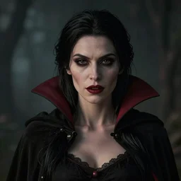 portrait of a lady vampire, 35mm, depth of field, DOF, ominous, sharp, detailed, photorealistic, octane render, high definition, 4k, artstation, Greg Rutkowski, steve mccurry, irwin penn, matthew benedict