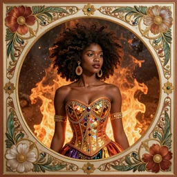 beautiful african princess wearing corset with afro on fire, inspired by therarda art, border and embellishments inspired by flowers and alphonse mucha