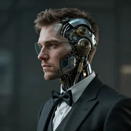 a rugged young engineer man with cybernetic enhancements wearing a suit and bowtie, detailed face with small visor, scifi character portrait by greg rutkowski, esuthio, craig mullins, 1 / 4 headshot, cinematic lighting, dystopian scifi gear, gloomy, profile picture, mechanical, half robot, implants, steampunk