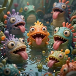 of an intricate murky colorful pond with strange cute friendly happy creatures with huge eyes long tongue round teeth and funny face appearing from the water, in the style of craola, macro lens, shallow depth of field, highly detailed, digital painting, trending artstation, concept art, illustration, cinematic lighting, vibrant colors, photorealism, epic, octane render