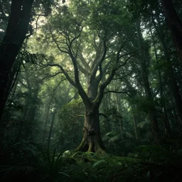 spectacular, fabulous tree standing in a thickly vegetated, sombre forest in a fantasy world, dreamlike light incidence, sunraise, ultrarealistic, eerie, onimous