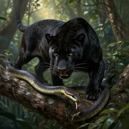 animal concept of a black panther melanistic deep black leopard killing a snake, hunting an anaconda, on Singaporean forest tree, jungle, accurately portrayed, portrait art by alphonse mucha and greg rutkowski, highly detailed, digital painting, concept art, illustration, dim lighting with twilight rays of sunlight, trending on artstation, very detailed, smooth, sharp focus, octane render, close up