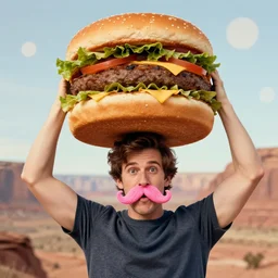 photograph of Markiplier wearing a pink mustache and lifting a gigantic hamburger over his head with great difficulty, utah, bokeh filter