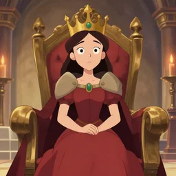 a warrior princess sitting in her court, in the art style of cartoon saloon.