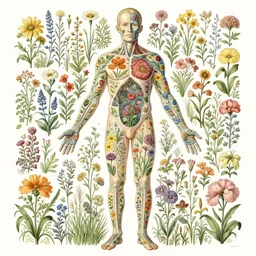 highly detailed illustration of a human anatomy body with all the known species of flowers by juan gatti, by moebius!, by oliver vernon, by joseph moncada, by damon soule, by manabu ikeda, by kyle hotz, by dan mumford, by kilian eng