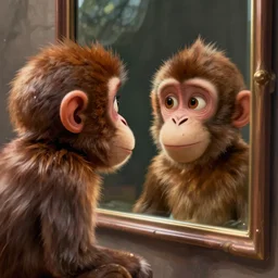 lofi monkey in front of a mirror reflecting the expression of a human face, Pixar style by Tristan Eaton Stanley Artgerm and Tom Bagshaw, high detail