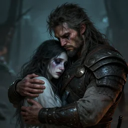 a depressed warrior hugging his wife's ghost, badass, love, rugged, tears, messy hair, beard, sadness, fantasy, extremely detailed, smooth, sharp focus, digital illustration, by rossdraws, artgerm, franzzeta