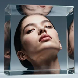 close up of head of a fashion model, in glass cube, editorial of dior magazine, photo from below, highly detailed