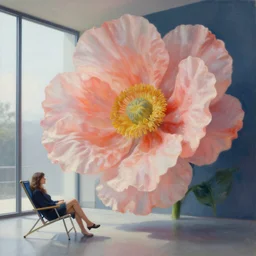 closeup, giant flower head, woman sitting on lounge chair by a modern window, surreal photography, studio light, impressionist painting, digital painting, artstation, simon stalenhag