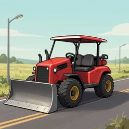 a study of cell shaded cartoon of a red golfcart sized bulldozer on a country road, street lamps, road, illustration, wide shot, subtle colors, post grunge, concept art by josan gonzales and wlop, by james jean, Victo ngai, David Rubín, Mike Mignola, Laurie Greasley, highly detailed, sharp focus, alien, Trending on Artstation, HQ, deviantart, art by artgem