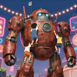 memorable animation key shot, anime movie screenshot, kids climbing up the fat rusty robot submarine schwerer gustav!!!!, festoon lights, neon signs, dim lanterns, paint drip, ghibli, themepark, by mandy jurgens, by satoshi kon, nc wyeth, ilya repin, lena aenami, bright pastel color palette