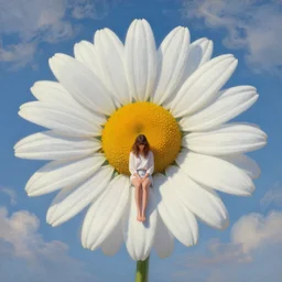 giant daisy flower head, woman sitting, surreal, clouds in sky, impressionist painting, digital painting, artstation, symmetrical, high detail, rob gonsalves