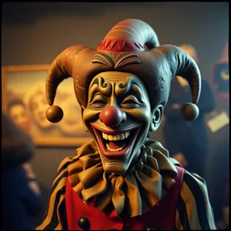 kodak portra 4 0 0, wetplate, muted colours, blueberry, 1 9 3 0 s style, award winning portrait of wooden skulptur of hysterically laughing loudly jester by willy verginer in a vernissage, haze, motion blur, in the style of britt marling and by georges melies
