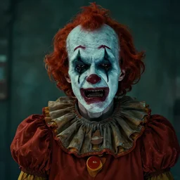 portrait of an ugly old possessed crying clown in the style of justin roiland. ugly, creepy, demonic, horror. cinematic lighting. style of rick & morty. photographic, photography. by justin roiland