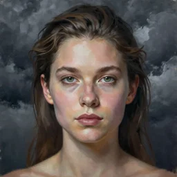 professional painting of Astrid Frisbey in the style of Paola Vetri, head and shoulders portrait, symmetrical facial features, smooth, sharp focus, illustration, intricate, stormy weather, extremely detailed masterpiece,