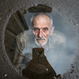 top down photograph looking into a puddle, a shriveled old man is staring up from under the surface of the water