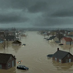 town flooded flooding, cassette futurism, liminal space, cosmic horror, atmospheric haze, film. illustration by edward hopper, norman rockwell. film still, 1 6 mm cinematography