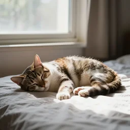 a photo of a cat on it's side sleeping on a bed by a window with light coming in
