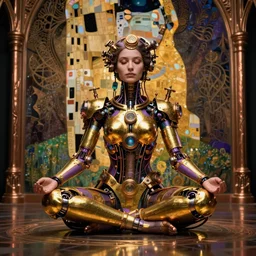 photo of a beautiful female meditating steampunk cyborg, is connected with glowing devices, artwork by james jean, hyperdetailed realistic gold and purple metallic, jean delville, art nouveau, gustav klimt, ornate copper patina gothic icon, james jean, ultrasharp hyperdetailed photorealistic octane render, half shot, floor is reflective