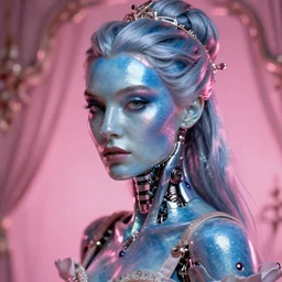 hyperrealistic detailed rococo cyborg woman with pearlescent blue skin key sage wayne barlowe very soft pink neon lighting on one side wide angle 35mm shallow depth of field 8k