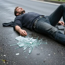 a man laying in a puddle on the road with broken glass on the road photorealistic