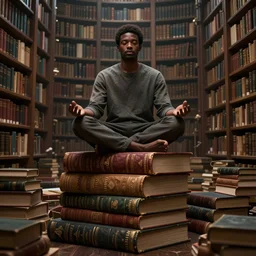 young black man sitting lotus style atop a stack of giant books, infinite library background, ultra realistic, concept art, intricate, mysterious, highly detailed, digital painting, octane render, 8 k, unreal engine. art by artgerm greg rutkowski charlie bowater magali villeneuve alphonse mucha