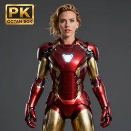 scarlett johanson as ironman, seductive pose, photo realism, octane render, 8 k