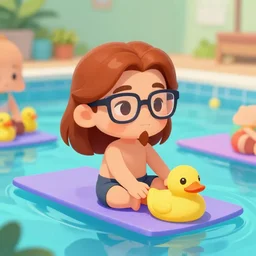 a beautiful cute german guy with very long chestnut! hair, with glasses and goatee, attending a swimming pool yoga course, playing with rubber duck, digital painting, concept art, matte, artgerma and greg rutkowski