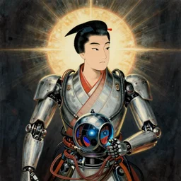 Kuniyoshi portrait of a robot saint made of cables and robotic pod by greg rutkowski
