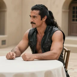 muscular man sitting at table on tatooine, wearing a black black leather vest vest, no shirt, shirtless, long long black black hair in a ponytail ponytail 9 9 9 9 9 9