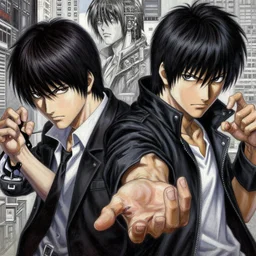 dante from devil may cry portrait yusuke murata and takeshi obata, fighting pose, inspired by death note 2 0 0 3 manga, intricate detail, photorealistic style, intricate detailed oil painting, detailed illustration, oil painting,, city in the background, unreal engine, sharp high detail, sharp high detail face, trending on cgsociety