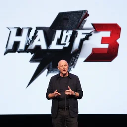gabe newell on stage presenting half life 3 logo