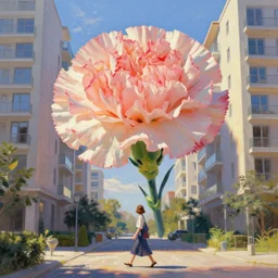 a giant carnation flower head, woman walking between luxury apartments, surreal photography, sunlight, impressionist painting, digital painting, artstation, simon stalenhag