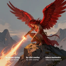 fantasy character illustration of a guardian angel with red wings and long hair crouching on a mountain peak looking down, shooting a beam of energy, trending on artstation, digital art ( by jesper ejsing ) ( by clint cearley ) ( by raluca marinescu )