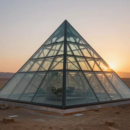 a film still of a massive glass crystal pyramid in the desert in a sunset, highly detailed, fractal, chromatic refraction