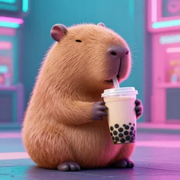 capybara drinking bubble tea in cyberpunk, neon, pink and cyan seoul, detailed, street photography