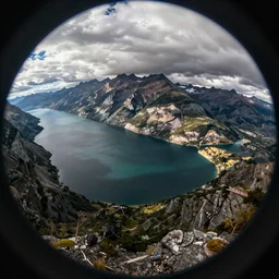 lakeside mountains, fish - eye lens
