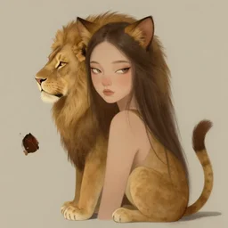 A girl with catlike slitted eyes, the tail of a lion and cat ears. By Ruan Jia and Geoffroy Thoorens, Trending on ArtStation. Masterpiece. Rule of thirds.