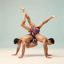 muay thai athletes doing an extreme contortion choreography, dance photography, pastel colors palette, sport photography, high detail, zoom in, foreshortening, natural light