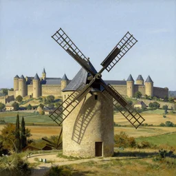 very long shot of a windmill, in a distance medieval french landscape, carcassonne, city of carcassonne in the background, by stanley artgerm lau, wlop, rossdraws, frank frazetta, andrei riabovitchev, marc simonetti, tranding on artstation