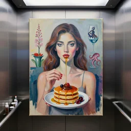 a portrait in an elevator, a woman holding pancakes, honey dripping, berries dripping, chocolate, surgical supplies, ikebana, octopus, neo - expressionism, surrealism, acrylic and spray paint and oilstick on canvas