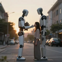 a calming photograph of a tall, slender, humanoid robot caresses a beautiful woman in the face, large shot, wide shot, in a street, sunset photo