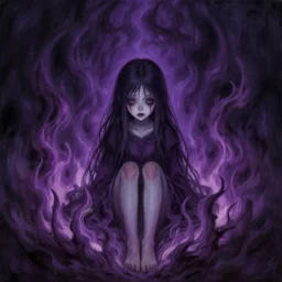 young creepy girl sitting inside circle of dark !!!dark purple fire!!!, painted by raymond swanland, little nightmares, detailed,